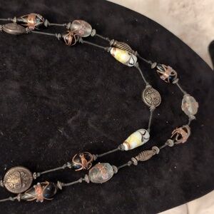 Vintage Necklace With Painted Blown Glass Beads+Metallic Textured Pattern Beads